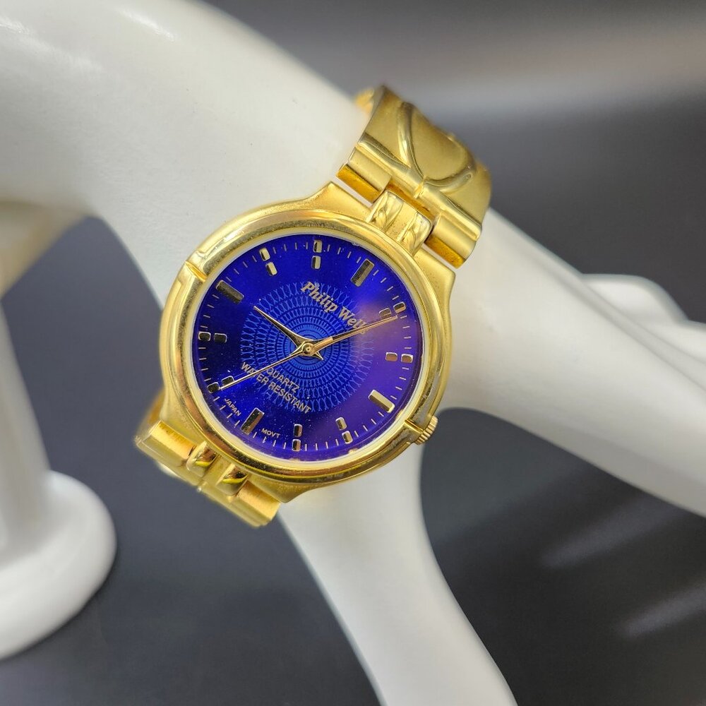 Phillip Wells Watch Gold Band Cobalt Face New Battery Elegant